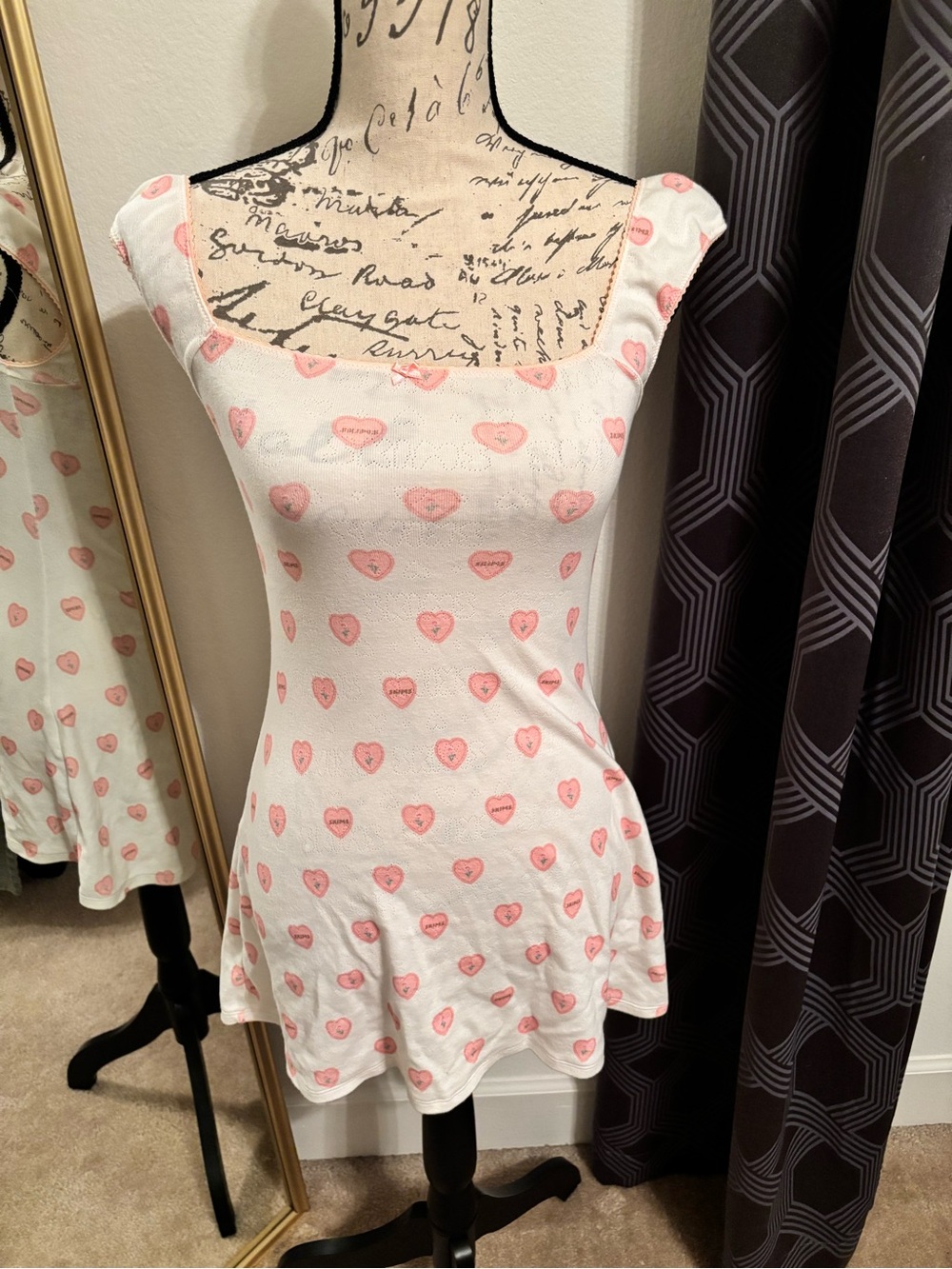 SKIMS White Mini Slip Dress with Pink Heart Print